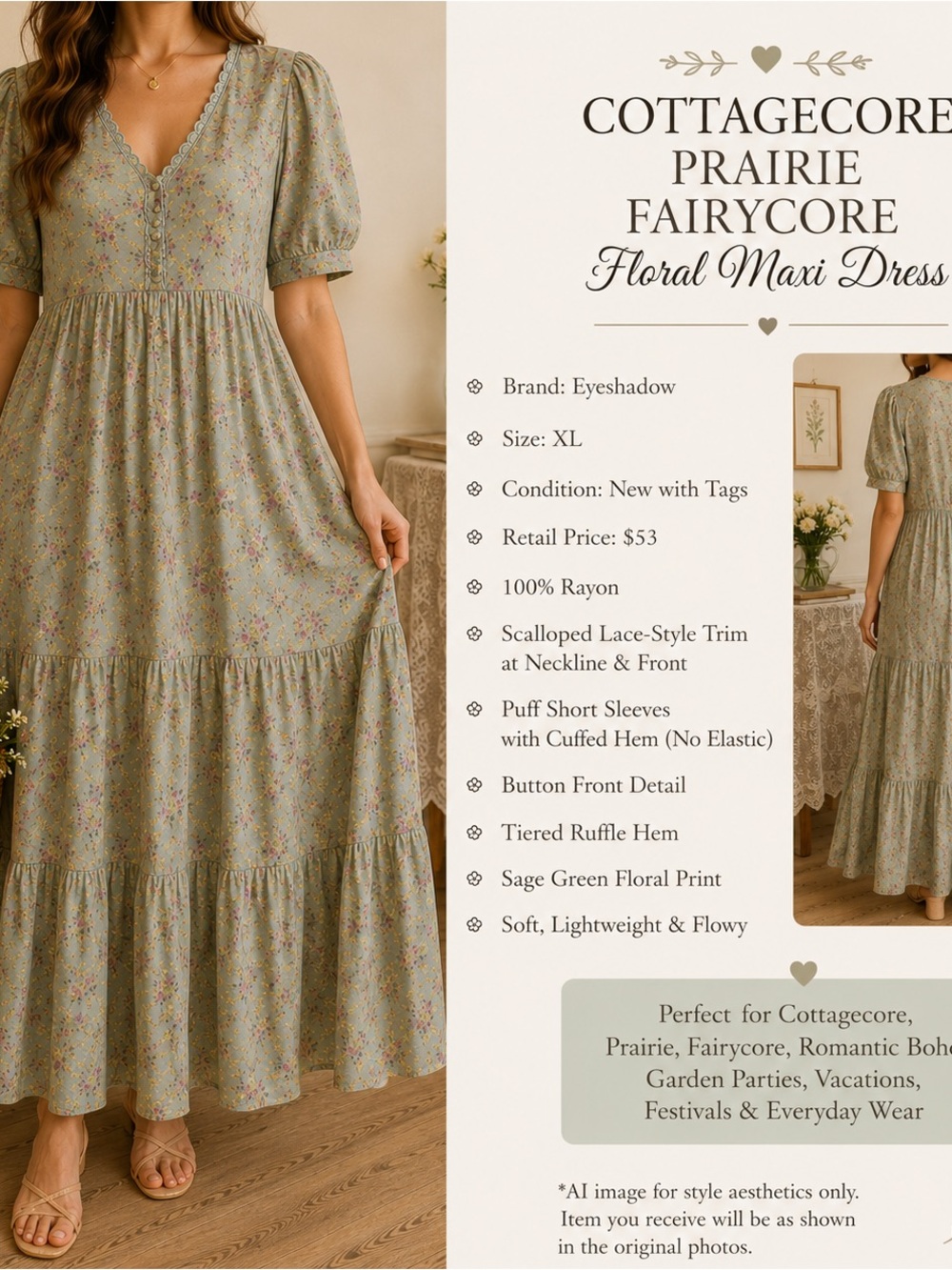 Cottagecore Prairie Fairycore Floral Maxi Dress Romantic Boho XL NWT